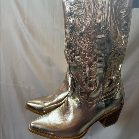 Gold Metallic Cowgirl Western Cowboy Chunky Heeled Boots Size 9 - Picture 2 of 10
